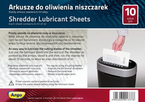 Argo Arkusze do oliwienia niszczarek - opk 10szt www.niszczarka.net