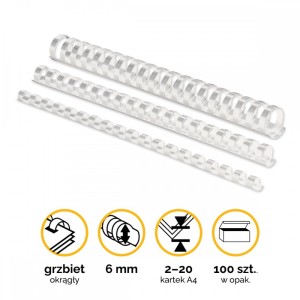 Grzbiety plastikowe do bindowania 6mm (2-20 kartek) A4/100szt - kolor BIAŁY - Fellowes