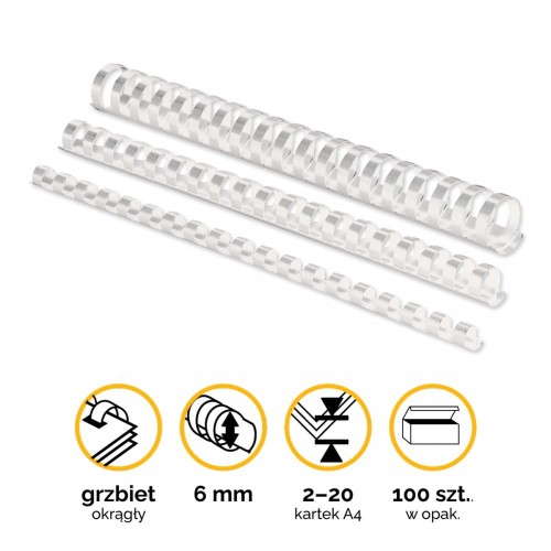 Grzbiety plastikowe 6mm (2-20 kartek) A4/100szt - kolor BIAŁY - Fellowes www.niszczarka.net