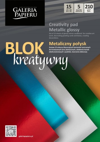 Blok kreatywny – Metaliczny połysk A4 210g/m2 - 15 ark. kartonów metalicznych www.niszczarka.net
