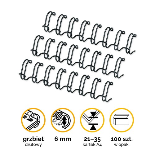 Grzbiety drutowe 6mm 1/4" skok 3:1 Fellowes - 100szt kolor Czarny www.niszczarka.net