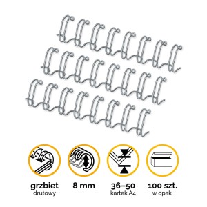 Grzbiety drutowe A4 Fellowes 8mm (36-50 kartek) 5/16" skok 3:1  - 100szt kolor Srebrny