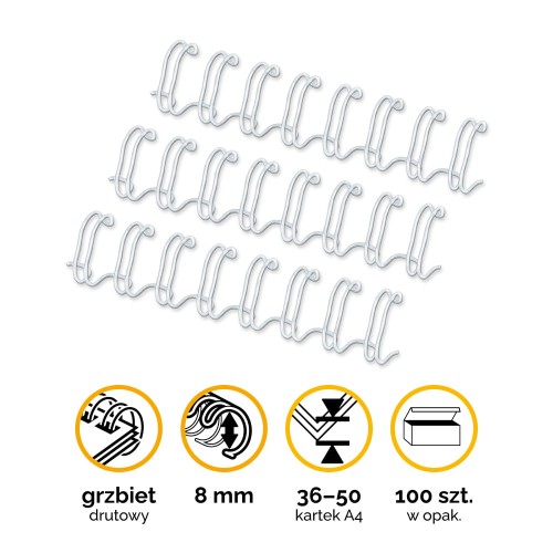 Grzbiety drutowe A4 Fellowes 8mm (36-50 kartek) 5/16" skok 3:1 100szt - kolor Biały www.niszczarka.net