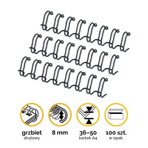 Grzbiety drutowe  A4 Fellowes 8mm (36-50 kartek) 5/16" skok 3:1  - 100szt kolor Czarny