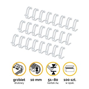 Grzbiety drutowe A4 Fellowes 10mm (51-80 kartek) 3/8" skok 3:1 - 100szt kolor Biały