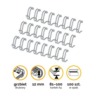 Grzbiety drutowe A4 Fellowes 12mm (81-100 kartek) 1/2" skok 3:1 - 100szt kolor Srebrny