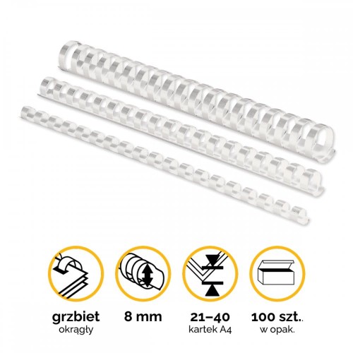 Grzbiety plastikowe do bindowania 8mm (21-40 kartek) A4/100szt - kolor BIAŁY - Fellowes www.niszczarka.net