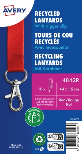 Smycz z karabińczykiem z recyklingowanego PET AVERY Zweckform - 15 x 440 mm, opakowanie 10 sztuk CZERWONY www.niszczarka.net