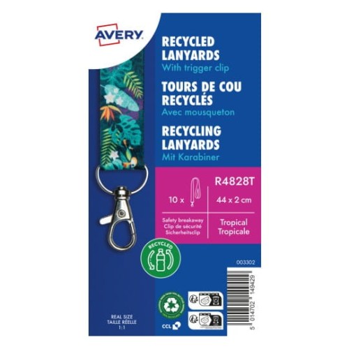 Smycz z karabińczykiem z recyklingowanego PET AVERY Zweckform - 15 x 440 mm, opakowanie 10 sztuk - WZÓR TROPIKALNY www.niszczarka.net