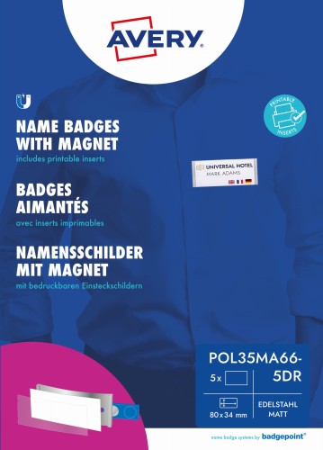Badgepoint Polar35 - Identyfikator imienny z magnesem smag®, 80 x 34 mm AVERY Zweckform - zestaw 5 identyfikatorów + 16 wymiennych etykiet  www.niszczarka.net