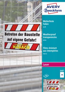 Folia wodoodporna do drukarek laserowych i kserokopiarek AVERY Zweckform 3487 - A4, 120 mikronów, 100 arkuszy - biała