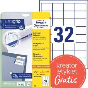 Trwałe etykiety papierowe 48,3 x 33,8 mm, białe etykiety samoprzylepne, etykiety do druku 30 ark. / op., Avery 4789