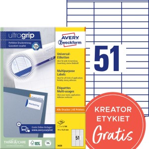 Trwałe etykiety papierowe 70 x 16,9 mm, białe etykiety samoprzylepne, etykiety do druku 100 ark. / op., Avery 3420