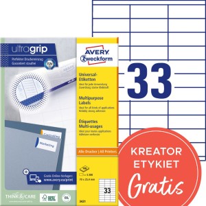 Trwałe etykiety papierowe 70 x 25,4 mm, białe etykiety samoprzylepne, etykiety do druku 100 ark. / op., Avery 3421