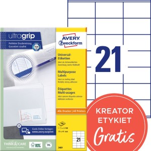 Trwałe etykiety papierowe 70 x 41 mm, białe etykiety samoprzylepne, etykiety do druku 100 ark. / op., Avery 3481