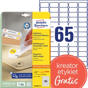 Usuwalne etykiety papierowe 38,1 x 21,2 mm, białe etykiety samoprzylepne, etykiety do druku 30 ark. / op., Avery L6026REV-25