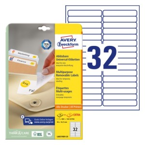 Usuwalne etykiety papierowe 96 x 16,9 mm, białe etykiety samoprzylepne, etykiety do druku 30 ark. / op., Avery L6031REV-25