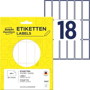 Minietykiety do opisywania ręcznego 50 x 19 mm, trwałe etykiety papierowe, białe etykiety samoprzylepne 486 etyk., 27 ark. /op., Avery 3327