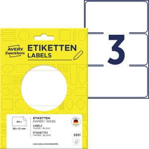 Minietykiety do opisywania ręcznego 98 x 51 mm, trwałe etykiety papierowe, białe etykiety samoprzylepne 84 etyk., 28 ark. /op., Avery 3331