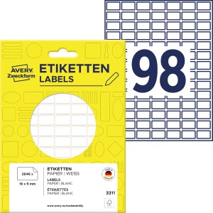 Minietykiety do opisywania ręcznego 16 x 9 mm, trwałe etykiety papierowe, białe etykiety samoprzylepne 2646 etyk., 27 ark. /op., Avery 3311