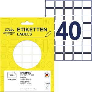 Minietykiety do opisywania ręcznego 22 x 18 mm, trwałe etykiety papierowe, białe etykiety samoprzylepne 1200 etyk., 30 ark. /op., Avery 3318