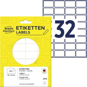 Minietykiety do opisywania ręcznego 29 x 18 mm, trwałe etykiety papierowe, białe etykiety samoprzylepne 960 etyk., 30 ark. /op., Avery 3319