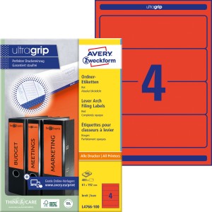 Etykiety na segregatory Avery L4766-100 - 61 x 192 mm, 100 arkuszy - czerwony