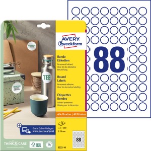 Etykiety papierowe okrągłe Avery 6222-10 - Ø 20 mm, 10 arkuszy - biały