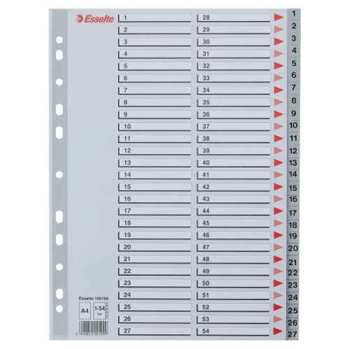 Przekładki na dokumenty Esselte - 54 zadrukowane numerycznie indeksy (1-54) format A4 / opk 54szt - szary www.niszczarka.net