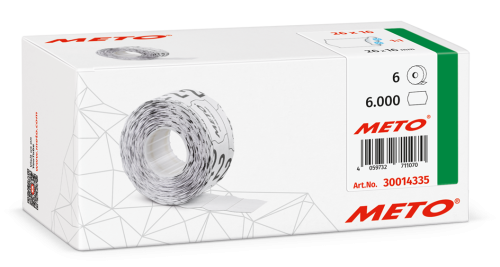 Etykiety cenowe w rolce do metkownicy dwurzędowej, 26x16 mm, trwały klej, do głębokiego mrożenia, faliste brzegi - 6 rolek / 6000 etykiet - białe METO M30014335 www.niszczarka.net