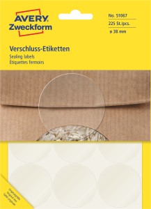 Naklejki do zaklejania opakowań okrągłe Avery 51067 - Ø 38 mm, 25 ark., 225 naklejek - przeźroczysty