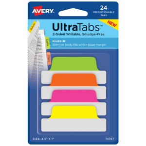 Zakładki indeksujące  Avery 74767 - Ultra Tabs 63,5 x 25 mm, 24 szt. - neonowy: zielony, różowy, pomarańczowy, żółty