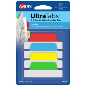 Zakładki indeksujące  Avery 74768 - Ultra Tabs 63,5 x 25 mm, 24 szt. - zielony, niebieski, czerwony, żółty