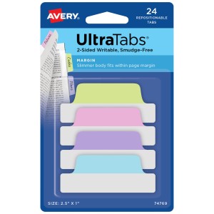 Zakładki indeksujące  Avery 74769 - Ultra Tabs 63,5 x 25,4 mm, 24 szt. - pastelowe: niebieski, różowy, fioletowy, zielony