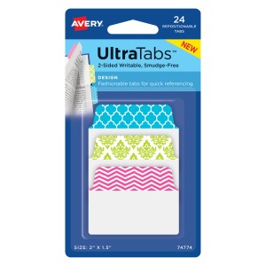 Zakładki indeksujące ze wzorem Avery 74774 - Ultra Tabs 50,8 x 38,1 mm, 24 szt. - niebieski, zielony, różowy