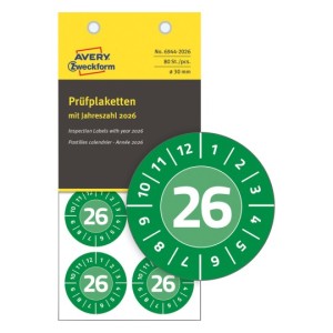 Tabliczki znamionowe, naklejki serwisowe 2026 winylowe do opisu ręcznego, etykiety wodoodporne Avery 6944-2026 / Ø 30 mm, 80 szt., 10 arkuszy - zielony