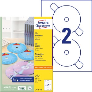 Naklejki na płyty CD Avery L7676-100 / Ø 117 mm, 100 arkuszy - biały