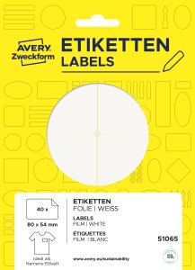 Samoprzylepne identyfikatory do opisu ręcznego , folia poliestrowa, usuwalne AVERY 51065 /  80 x 54 mm, 10 arkuszy, 40 etykiet - biały