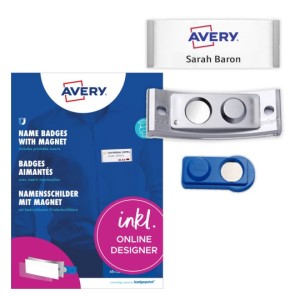 Badgepoint Polar20 Zestaw: Identyfikator na magnes  Avery POL20MA66-20DR / 68 x 22 mm, 20 szt - kolor stalowy + 120 wkłady do zadruku 64 x 22 mm - biały