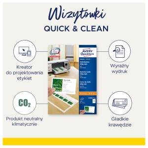 Wizytówki do druku dwustronne Quick & Clean Avery C32016-500 / 85 x 54 mm, 5000 szt., 500 arkuszy, 220 g, satynowane - śnieżnobiałe