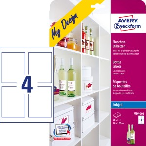 Naklejki na butelki, etykiety samoprzylepne Avery MD4001 / 90 x 120 mm, 5 arkuszy - biały 