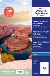 Papier fotograficzny Premium A4 do drukarki, Avery 2482-20 / 210 x 297 mm, 300 g, 15 arkuszy, wysoki połysk - biały
