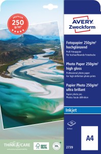 Papier fotograficzny Premium A4 do drukarki, Avery 2739 / 210 x 297 mm, 250 g, 50 arkuszy, wysoki połysk - biały