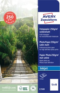 Papier fotograficzny Premium A4 do drukarki, Avery C2580 / 130 x 180 mm, 250 g, 50 arkuszy, matowy satynowany - biały
