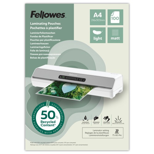 Eco™ Folie do laminacji A4 Light (matowe) ekologiczne – opk. 100 sztuk Fellowes www.niszczarka.net