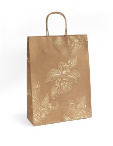 Torebka / torebki ozdobne prezentowe Kraft Złote Kwiaty L 33x10x24 - opakowanie 5 sztuk