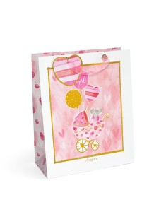 Torebka / torebki ozdobne prezentowe Wózeczek z Balonami, kolor Różowy - rozmiar L 32x12x26cm - opakowanie 5 sztuk