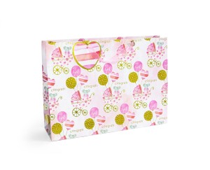 Torebka / torebki ozdobne prezentowe, orientacja pozioma, Wózeczki i Balony, kolor Różowy - rozmiar XL 31x12x42cm - opakowanie 5 sztuk