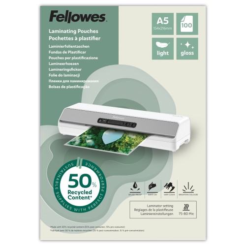 Folia do laminowania Eco™ / Folie do laminacji A5 Light 80 mikronów ( błyszczące ) ekologiczne – opk. 100 sztuk Fellowes _www.niszczarka.net