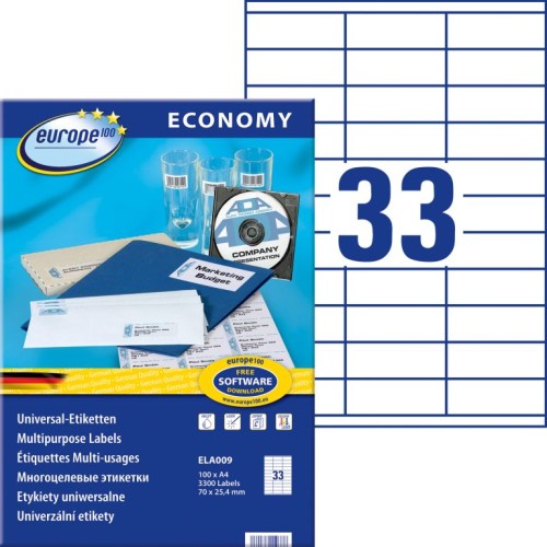 Etykiety uniwersalne Avery Zweckform Economy ELA009 - 70x25,4 mm A4, 100 arkuszy - białe _www.niszczarka.net